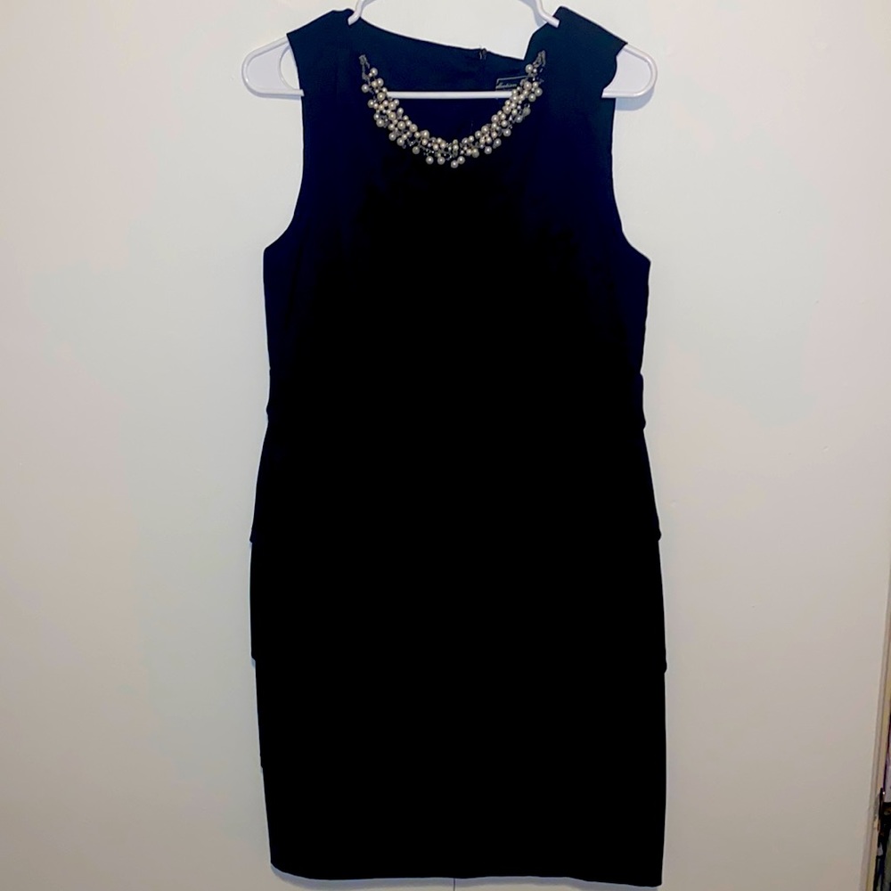 14 Dressbarn Black Pearl Beaded Ruffle Skirt Knee Length Cocktail Dress